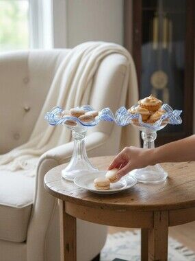 Ruffled Crimped Edge Hand Blown Mid Century Pedestal Bowls Compote Or Tazza